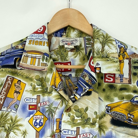 Pacific Legend Hawaiian Style Travel Route 66 Men's Graphic Button Up Shirt - Picture 5 of 12